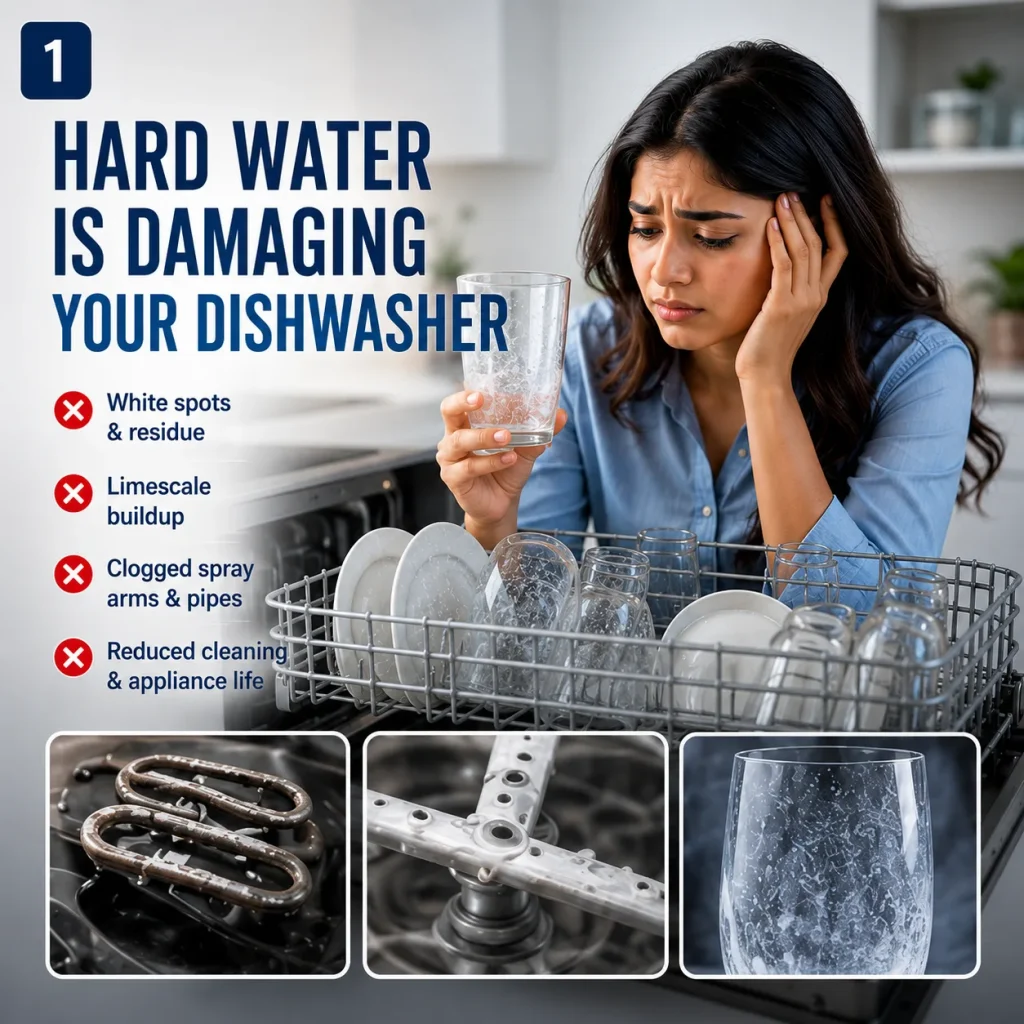 Hard water damaging dishwasher with white spots on glasses, limescale buildup, clogged spray arms, and poor cleaning performance before using a Dishwasher RO Plant