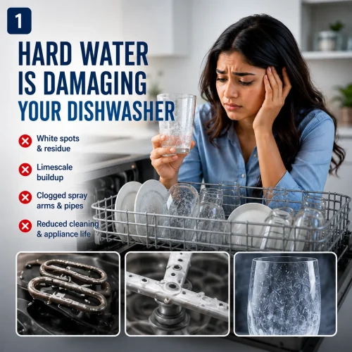 Hard water damaging dishwasher with white spots on glasses, limescale buildup, clogged spray arms, and poor cleaning performance before using a Dishwasher RO Plant