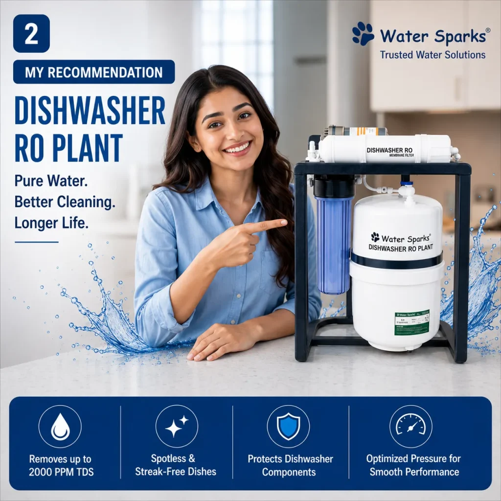 Woman recommending Water Sparks Dishwasher RO Plant for pure water, spotless dishes, longer dishwasher life, and removal of up to 2000 PPM TDS.