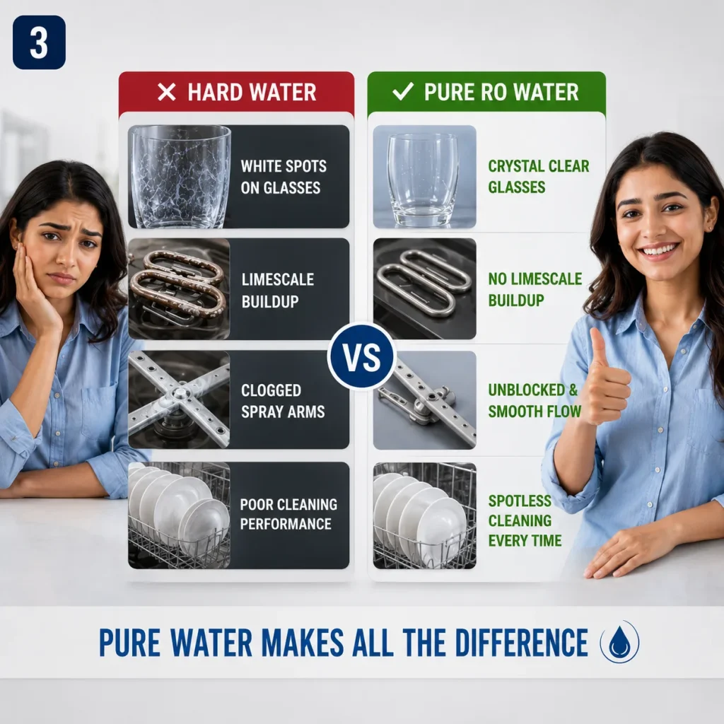 Comparison of hard water vs pure RO water showing spotless glasses, no limescale buildup, smooth spray arm operation, and improved dishwasher cleaning performance.