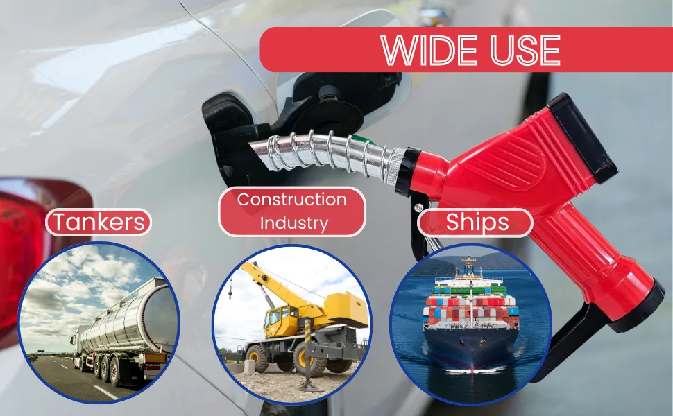 Rymac digital fuel transfer gun applications showing wide use in fuel tankers, construction equipment, and marine ships