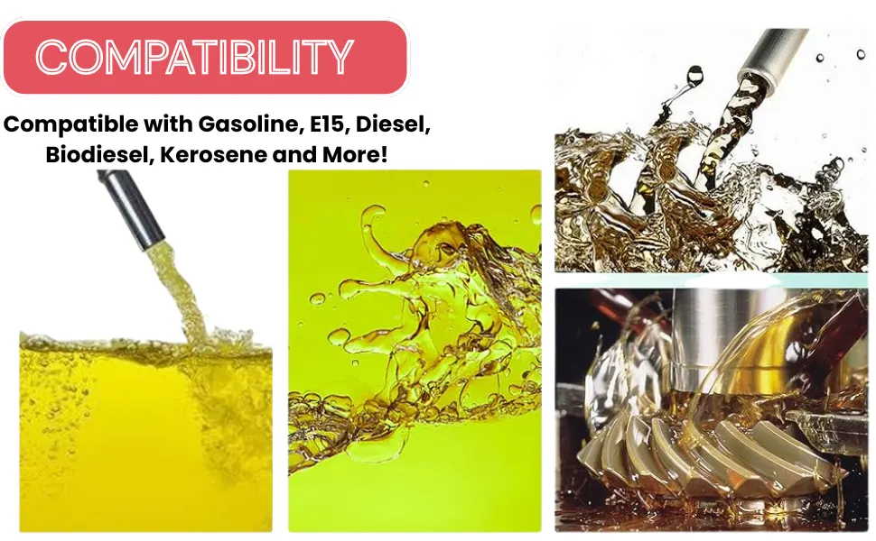 Rymac fuel gun fluid compatibility chart showing suitability for gasoline, E15, diesel, biodiesel, and kerosene