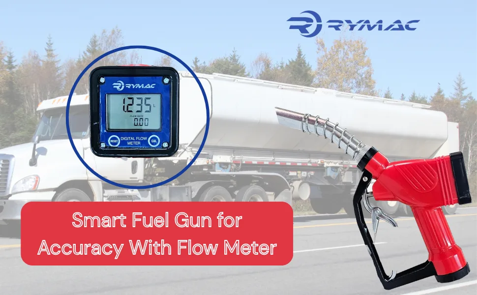 Rymac red smart fuel gun with digital flow meter and totalizer display with fuel tanker truck background