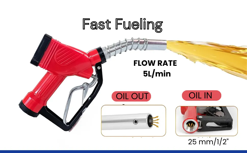 Rymac red fuel nozzle dispensing liquid showing 5L per minute flow rate with 25mm oil inlet and spout detail